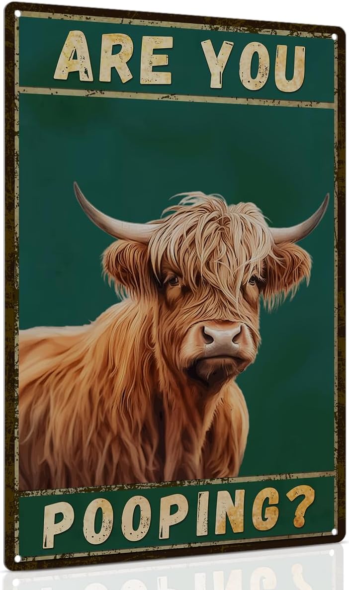 ALKB Funny Highland Cow Are You Pooping Metal Signs Vintage Farmhouse Bathroom Wall Decor Highland Cow Lovers Gift 8 x 12 Inch - Image 1